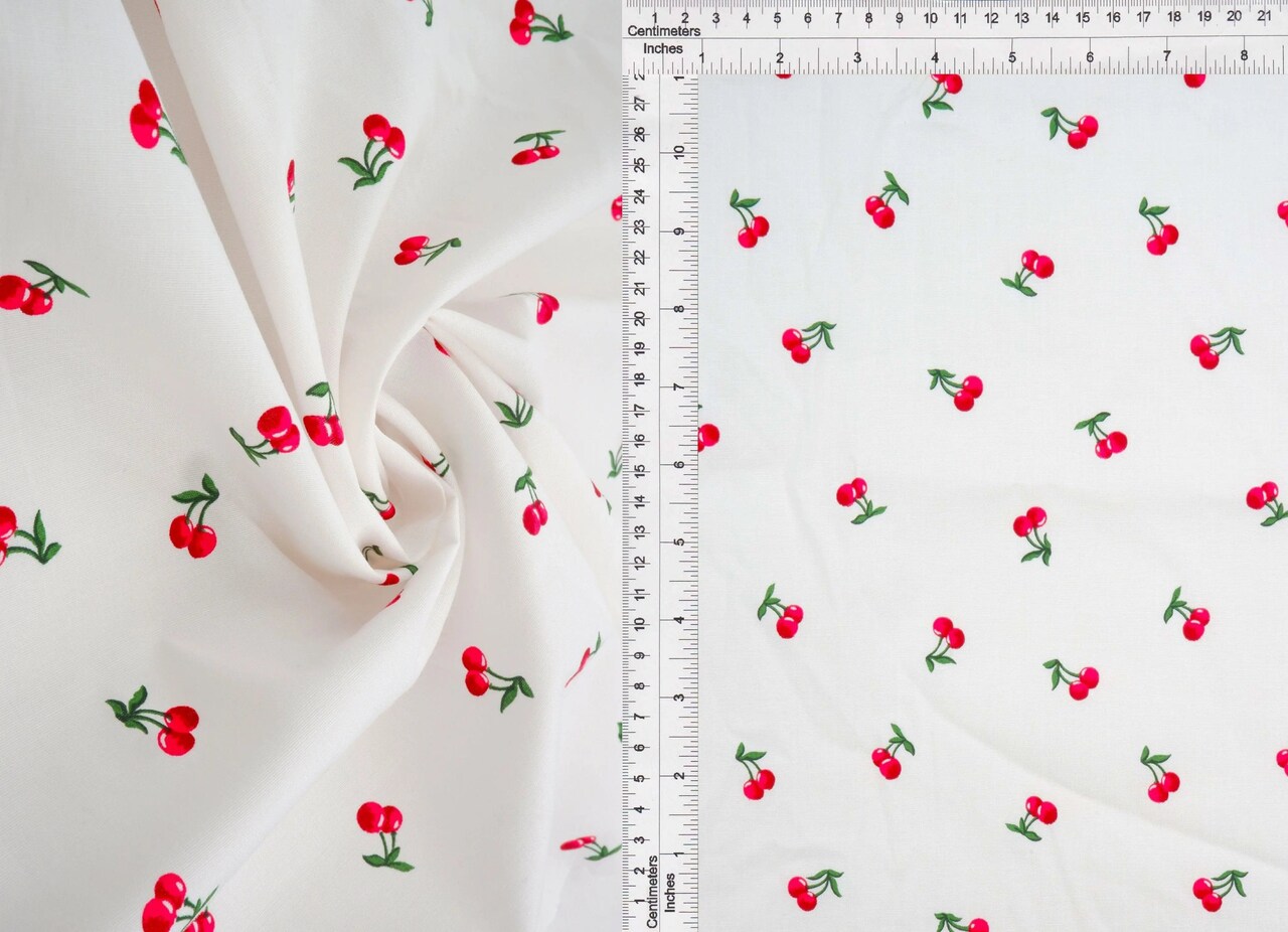 1 Yard Stretch Poplin Cherry Print Fabric, Cotton Spandex Woven 57/58" Width